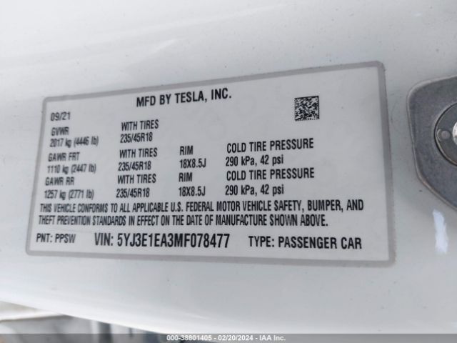 5YJ3E1EA3MF078477 Tesla Model 3 Standard Range Plus Rear-wheel Drive