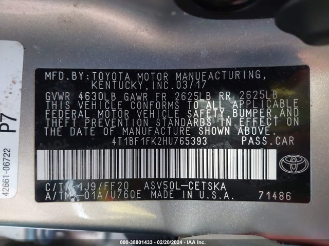 Toyota CAMRY SE 2017 4T1BF1FK2HU765393 Image 9