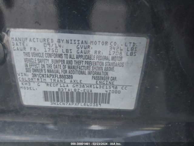 3N1CN7APXFL860389 Nissan Versa 1.6 S/1.6 S+/1.6 Sl/1.6 Sv
