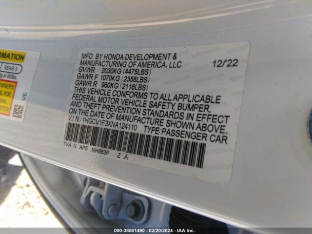 1HGCV1F3XNA124110 Honda Accord Sport