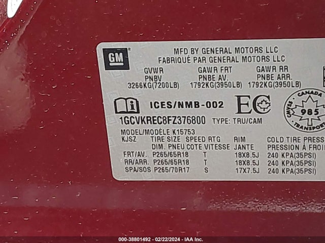 Chevrolet Silverado 1500 1lt/2lt 2015 1GCVKREC8FZ376800 Image 9