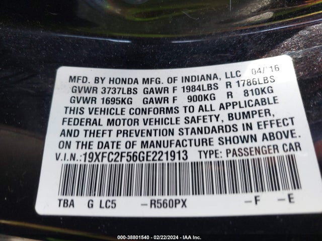 Honda Civic Lx 2016 19XFC2F56GE221913 Image 9