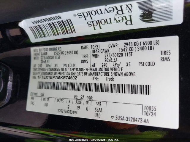 Ford F-150 Xl 2021 1FTEX1EP7MKE74602 Image 9