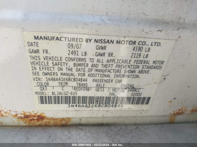 2008 NISSAN MAXIMA 3.5 SL VIN: 1N4BA41E68C804844