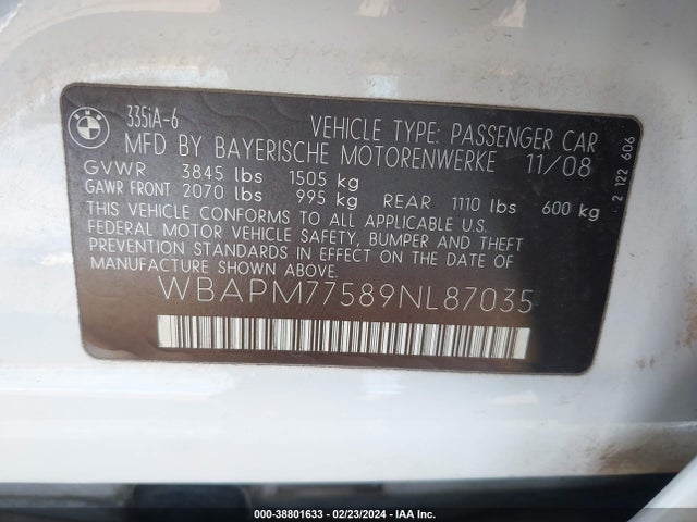 2009 BMW 335I VIN: WBAPM77589NL87035