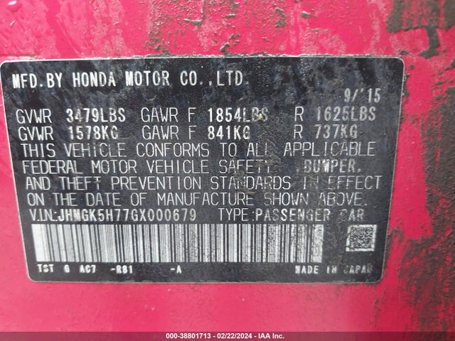 Honda FIT EX 2016 JHMGK5H77GX000679 Image 9