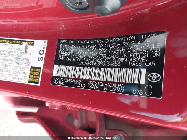 Toyota COROLLA LE 2021 JTDEPMAE3MJ154656 Image 9