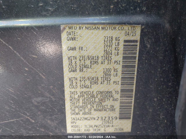 Nissan MURANO S 2015 5N1AZ2MG2FN232359 Image 9