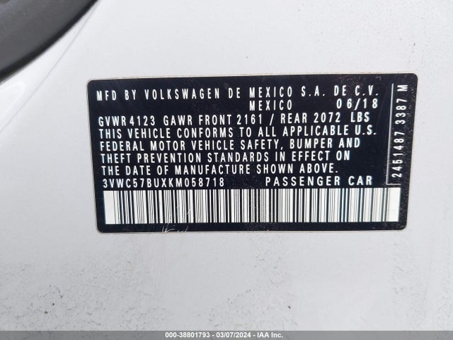 3VWC57BUXKM058718 Volkswagen Jetta 1.4t R-line/1.4t S/1.4t Se
