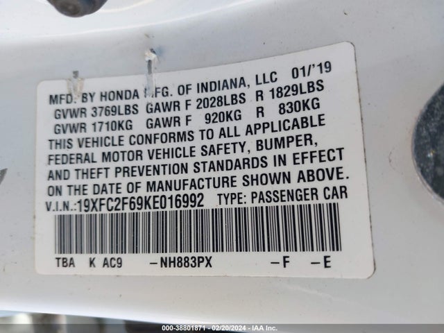 Honda Civic Lx 2019 19XFC2F69KE016992 Image 9