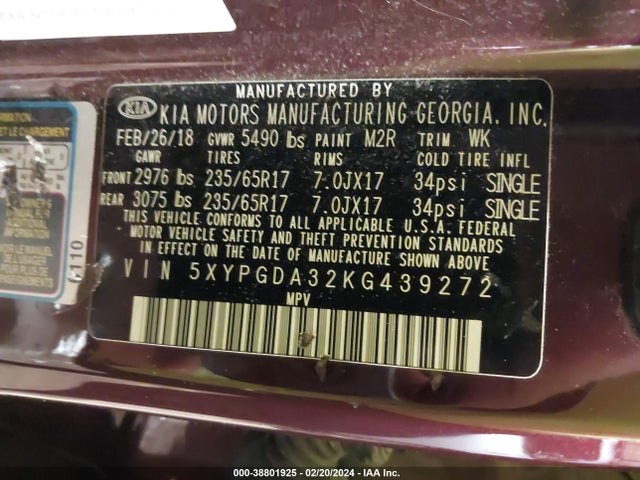 KIA Sorento 2.4l Lx 2019 5XYPGDA32KG439272 Image 9