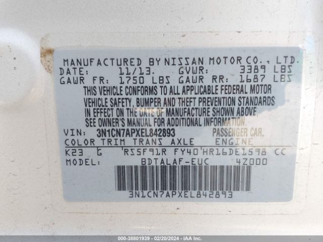 3N1CN7APXEL842893 Nissan Versa 1.6 S