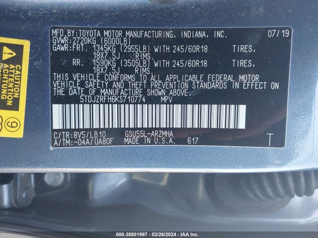 Toyota Highlander Xle 2019 5TDJZRFH6KS710774 Image 9