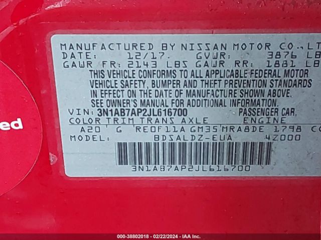 3N1AB7AP2JL616700 Nissan SENTRA SV