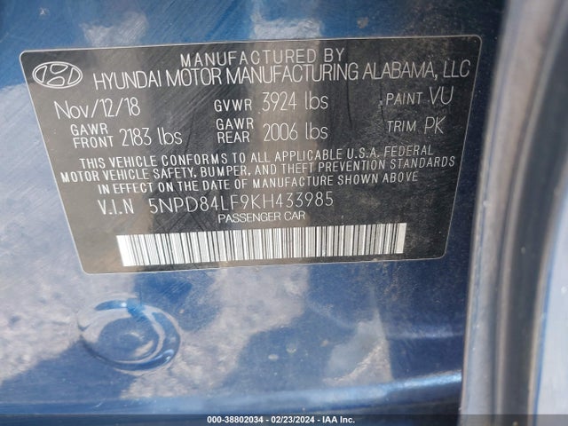 Hyundai ELANTRA SEL 2019 5NPD84LF9KH433985 Image 9