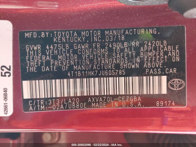 4T1B11HK7JU605785 Toyota CAMRY XLE