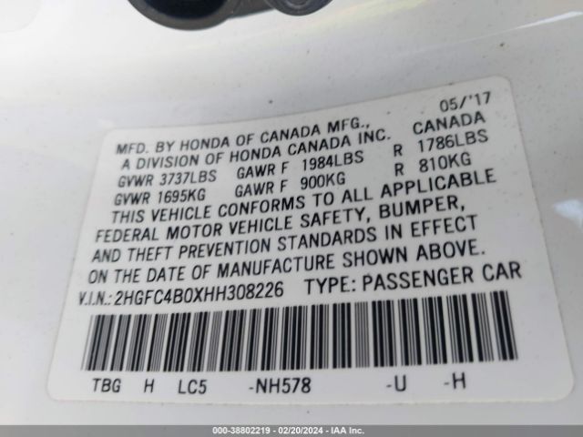2HGFC4B0XHH308226 Honda Civic Lx-p