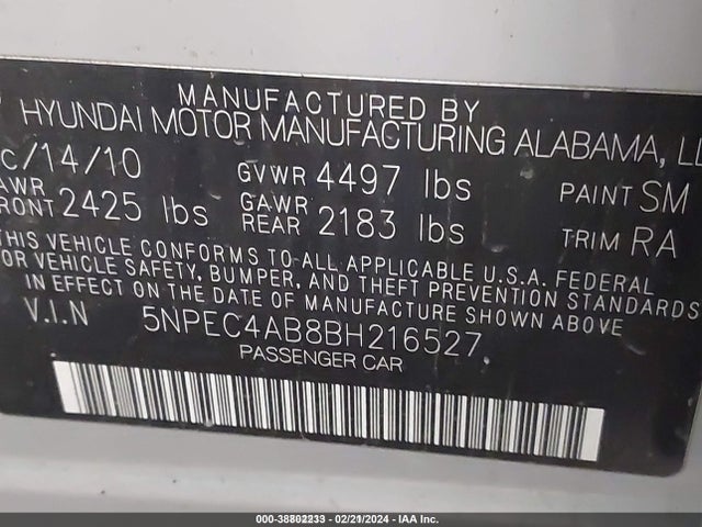 2011 HYUNDAI SONATA LIMITED 2.0T VIN: 5NPEC4AB8BH216527