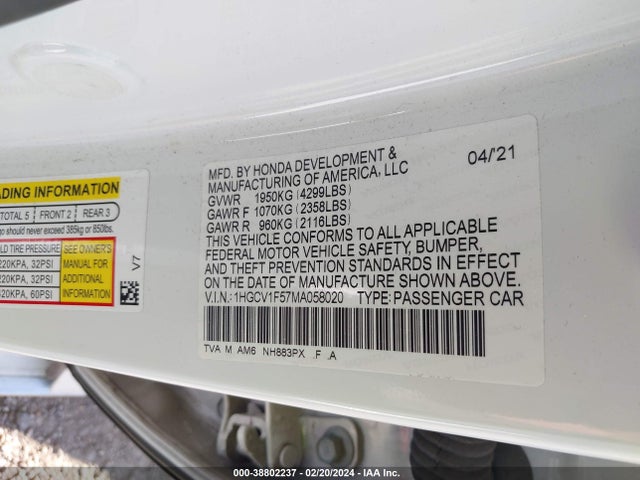 Honda Accord Ex-l 2021 1HGCV1F57MA058020 Image 9