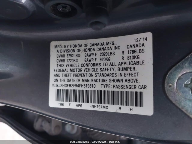 Honda CIVIC EXL 2015 2HGFB2F94FH519810 Image 9