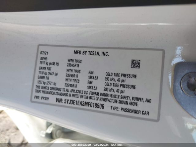 5YJ3E1EA3MF018506 Tesla Model 3 Standard Range Plus Rear-wheel Drive