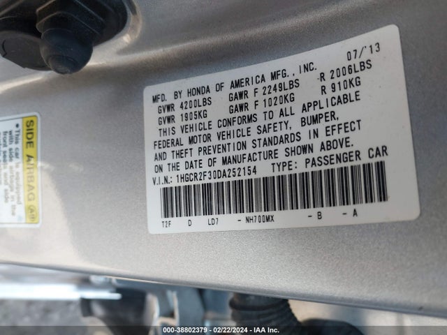 2013 HONDA ACCORD LX VIN: 1HGCR2F30DA252154