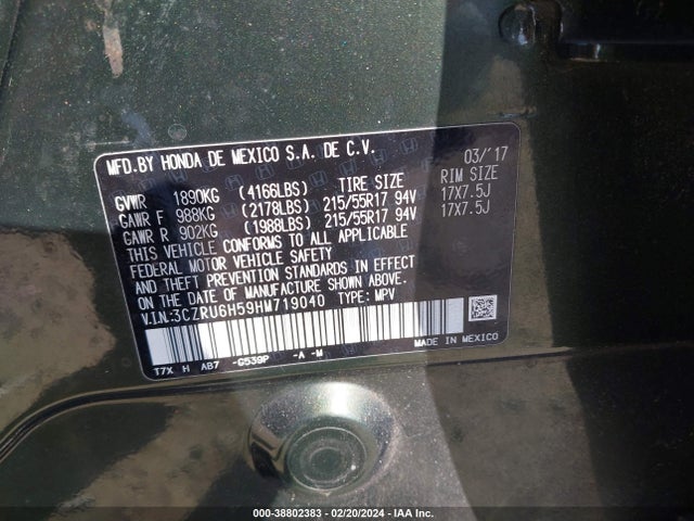 2017 HONDA HR-V EX VIN: 3CZRU6H59HM719040