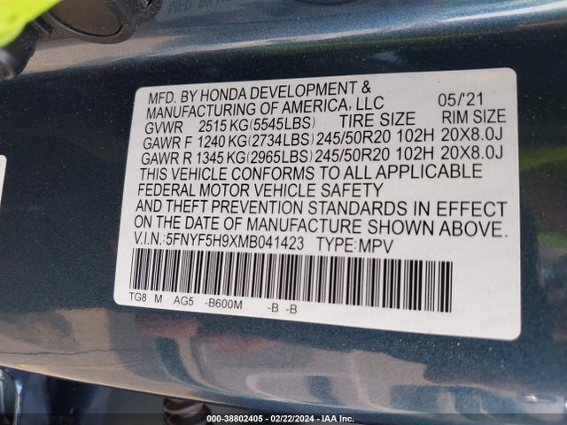 Honda Pilot 2wd Touring 8 Passenger 2021 5FNYF5H9XMB041423 Image 9