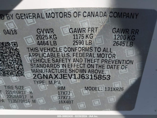 Chevrolet EQUINOX LT 2018 2GNAXJEV1J6315853 Image 9