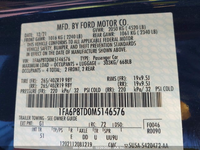 Ford Mustang Ecoboost Premium Fastback 2021 1FA6P8TD0M5146576 Image 9