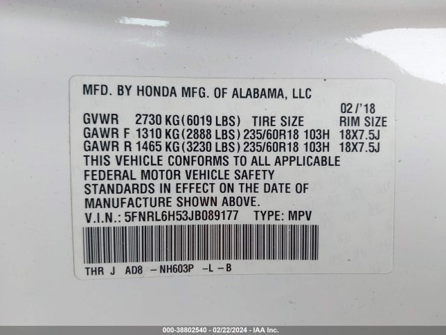 Honda ODYSSEY EX 2018 5FNRL6H53JB089177 Image 9