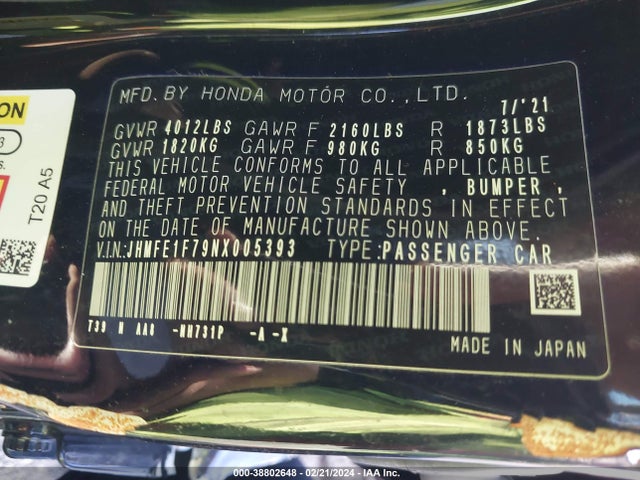 Honda CIVIC EX 2022 JHMFE1F79NX005393 Image 9