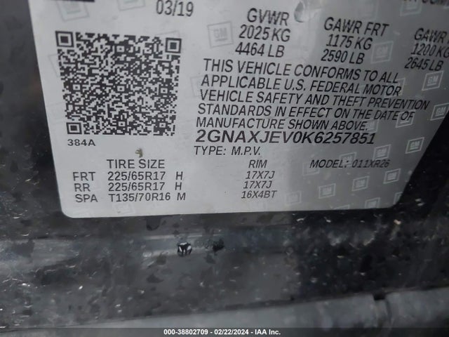 Chevrolet EQUINOX LT 2019 2GNAXJEV0K6257851 Image 9