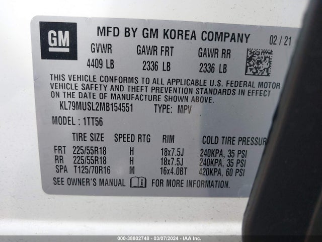 Chevrolet Trailblazer Awd Rs 2021 KL79MUSL2MB154551 Image 9