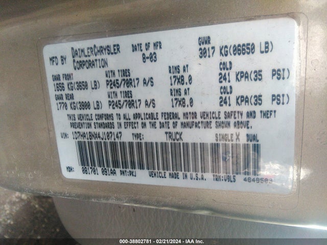 2004 DODGE RAM 1500 SLT/LARAMIE VIN: 1D7HA18NX4J107147