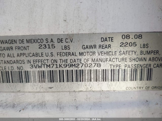 2009 VOLKSWAGEN JETTA 2.5L SE VIN: 3VWTM71K99M270278