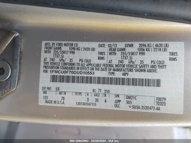 2013 FORD ESCAPE S VIN: 1FMCU0F70DUD10553