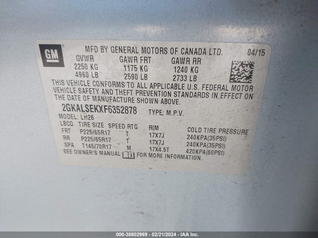 GMC Terrain Slt-1 2015 2GKALSEKXF6352878 Image 9