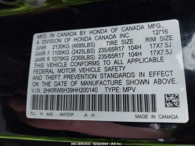 Honda CR-V LX 2017 2HKRW6H39HH200140 Image 9