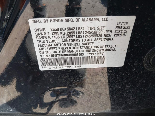 Honda Pilot Elite 2017 5FNYF6H0XHB008905 Image 9