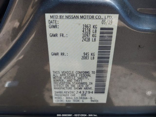 1N4BL4EV2KC243294 Nissan Altima 2.5 Sl