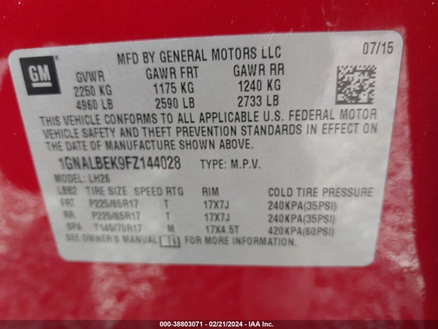 Chevrolet EQUINOX 1LT 2015 1GNALBEK9FZ144028 Image 9
