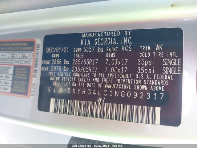 KIA SORENTO LX 2022 5XYRG4LC1NG092317 Image 9