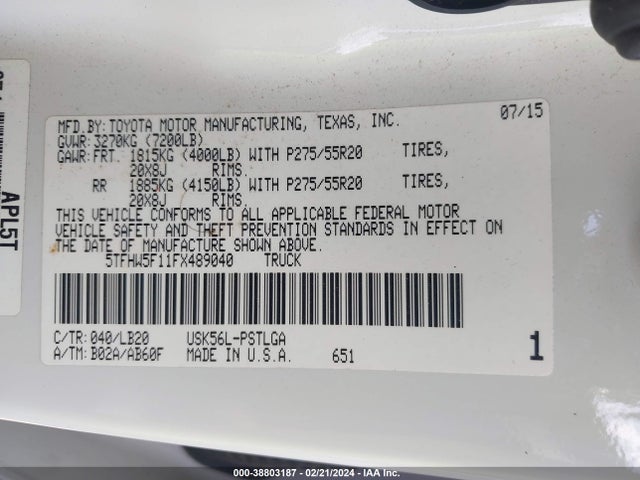 5TFHW5F11FX489040 Toyota Tundra Limited 5.7l V8
