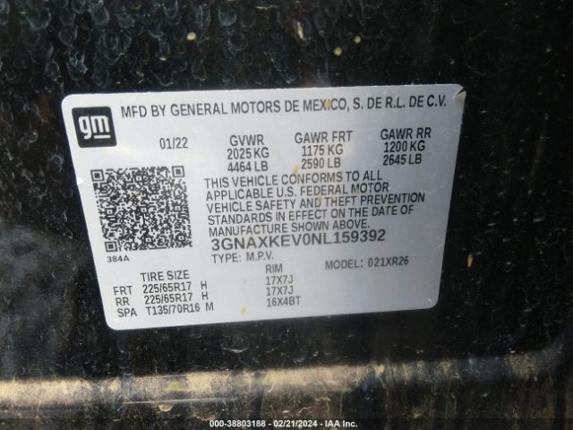 3GNAXKEV0NL159392 Chevrolet Equinox Fwd Lt