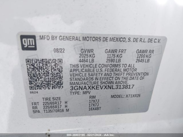 3GNAXKEVXNL313817 Chevrolet Equinox Fwd Lt