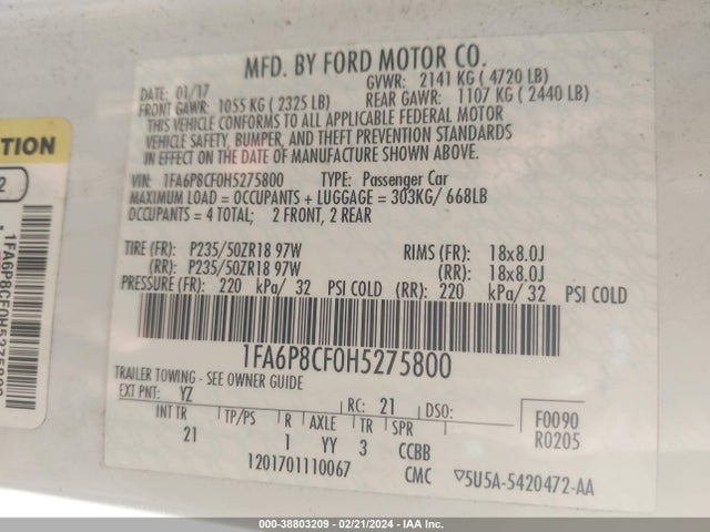 Ford MUSTANG GT 2017 1FA6P8CF0H5275800 Image 9