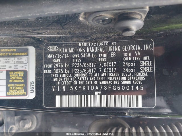 KIA Sorento Lx V6 2015 5XYKTDA73FG600145 Image 9