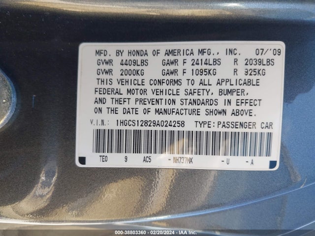 2009 HONDA ACCORD 2.4 EX-L VIN: 1HGCS12829A024258