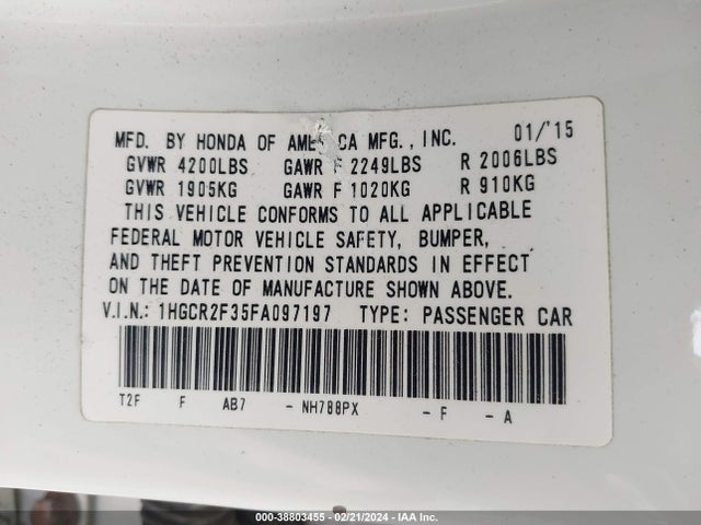 Honda ACCORD LX 2015 1HGCR2F35FA097197 Image 9